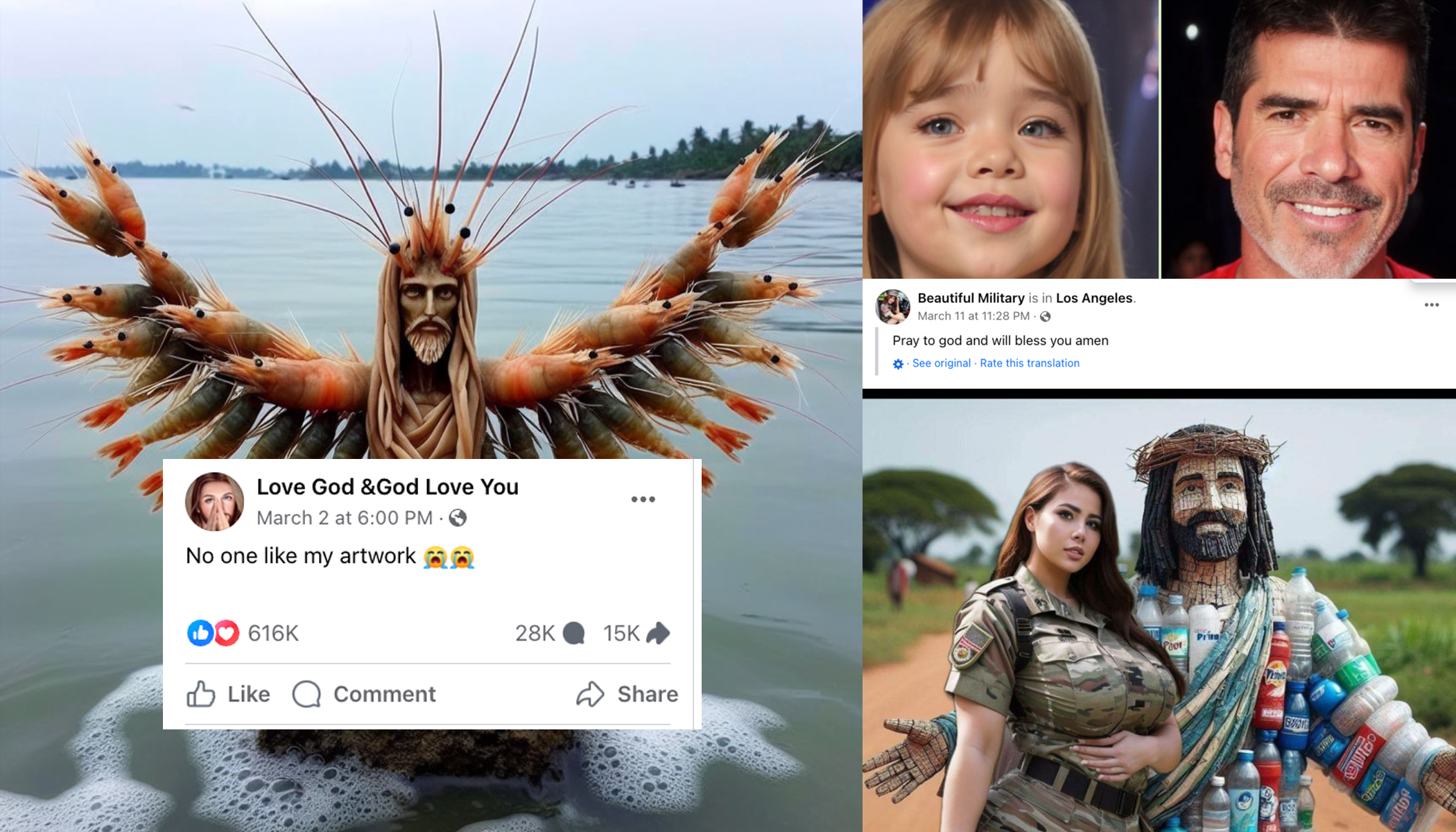 Archived collage of bizarre viral Facebook AI posts including a Jesus figure made of shrimp