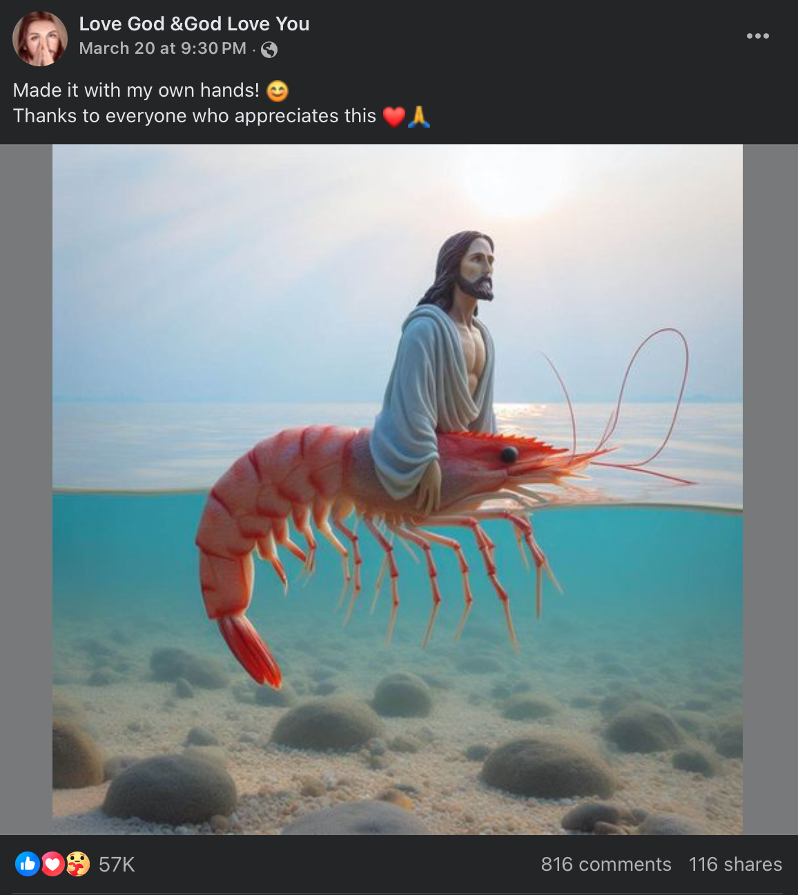 Archived Facebook post showing a Jesus figure riding a giant shrimp, with 57 thousand reactions