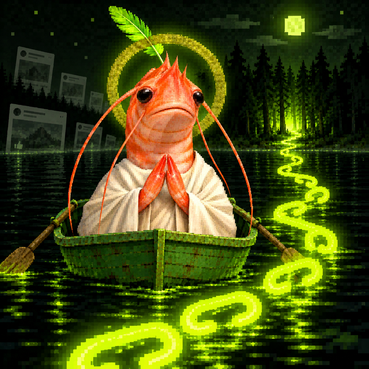Shrimp Jesus crossing a green chain in a tiny boat