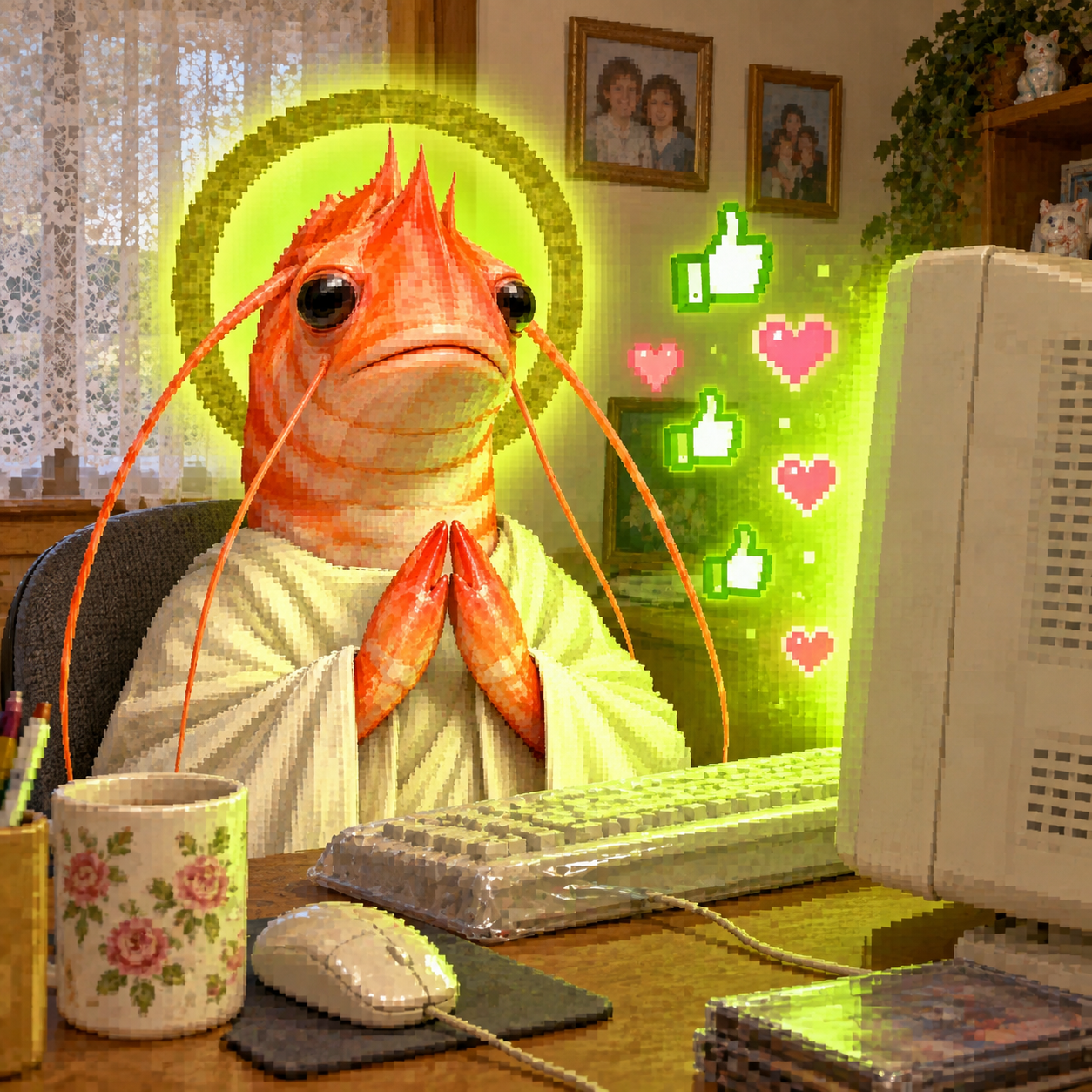Shrimp Jesus at an old desktop computer surrounded by glowing reactions