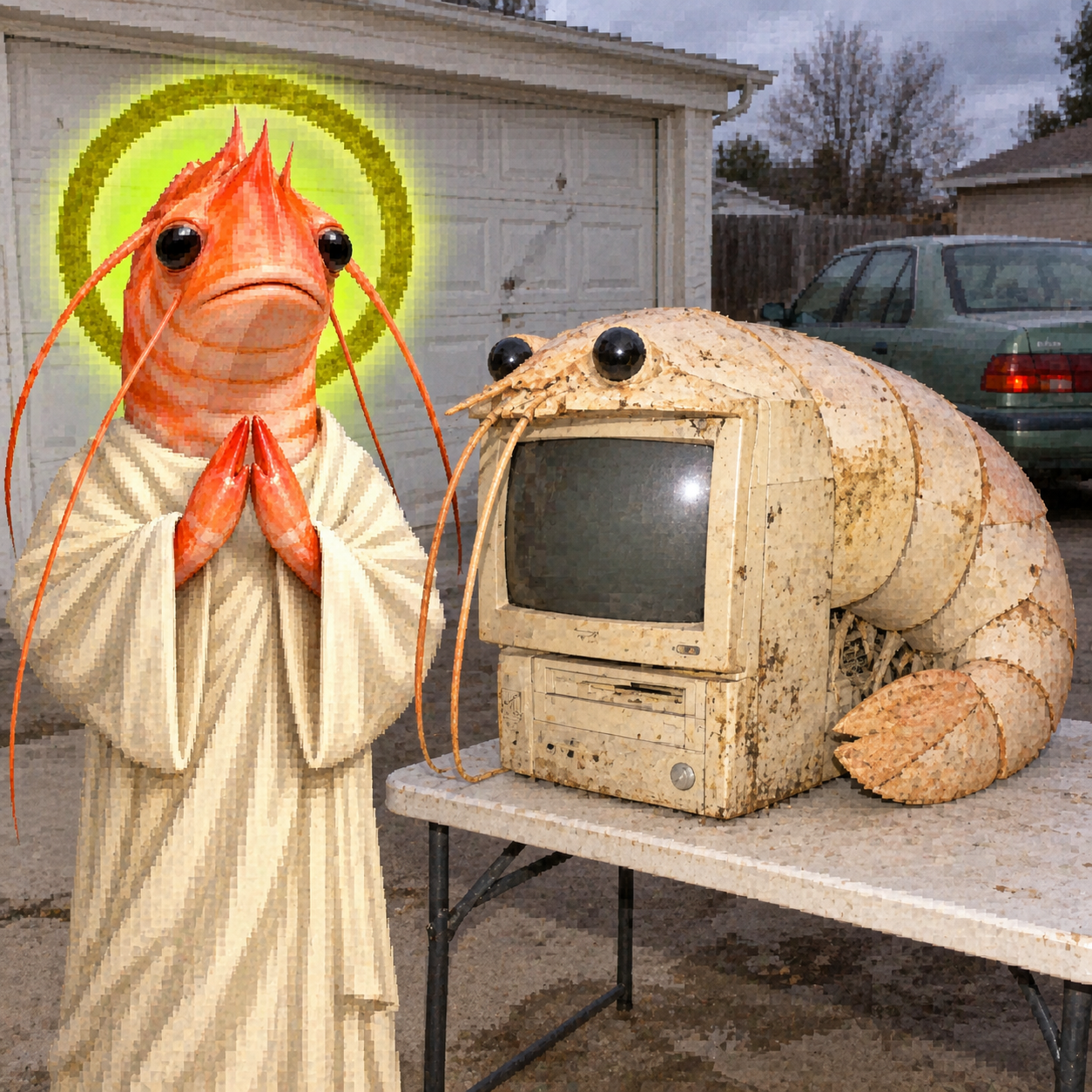 Shrimp Jesus selling a shrimp-shaped computer in a driveway
