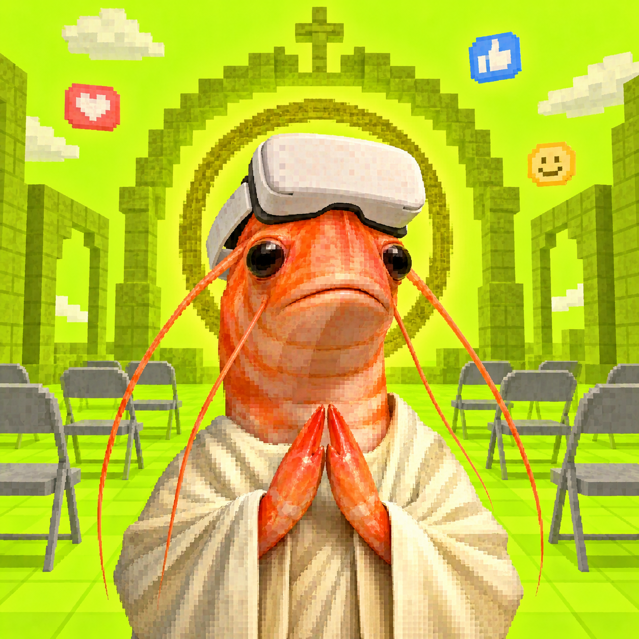 Shrimp Jesus wearing a virtual-reality headset incorrectly