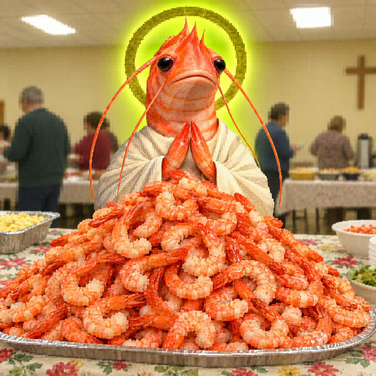 Shrimp Jesus blessing a giant pile of shrimp at a community potluck