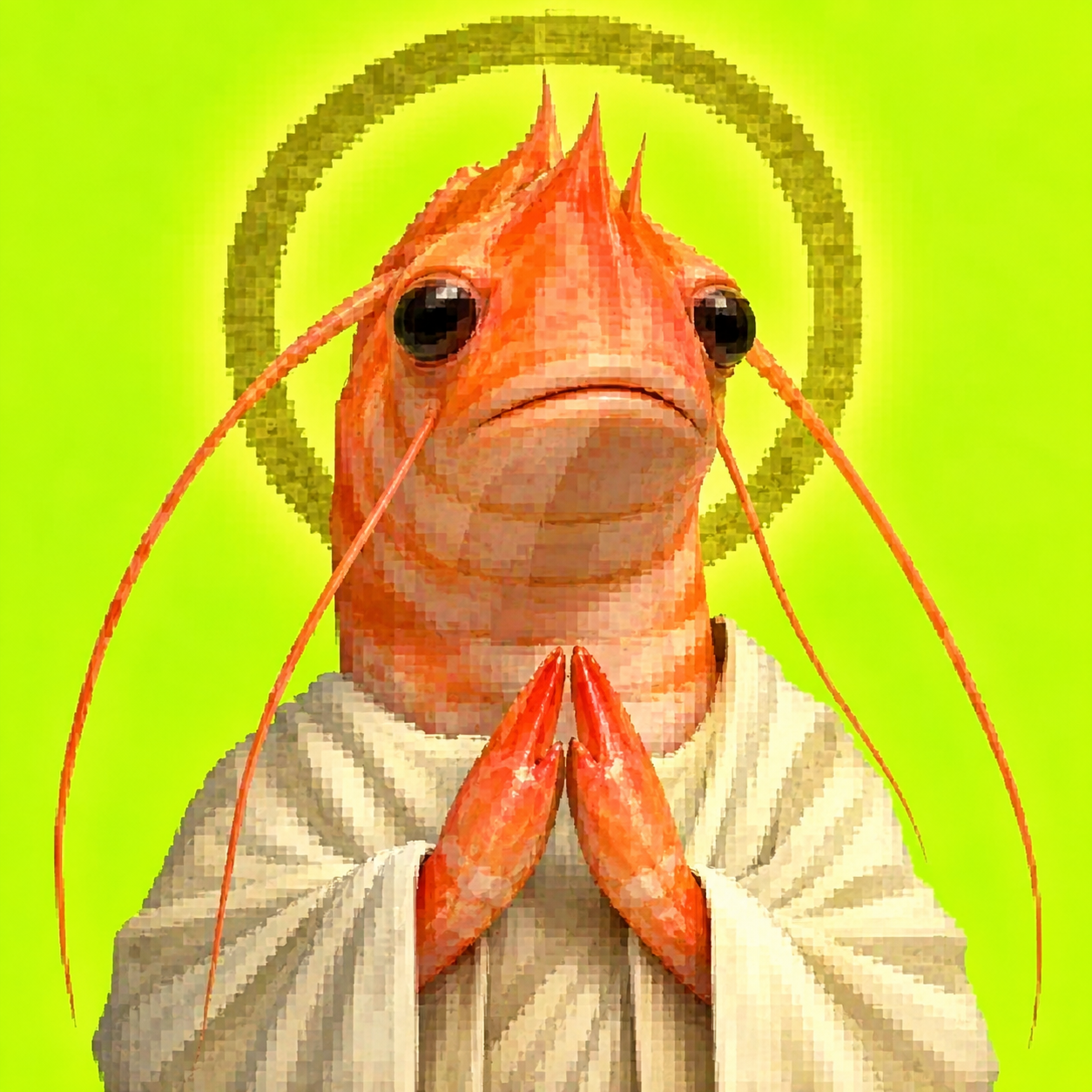 Shrimp Jesus, a deadpan orange shrimp in a cream robe with a green halo
