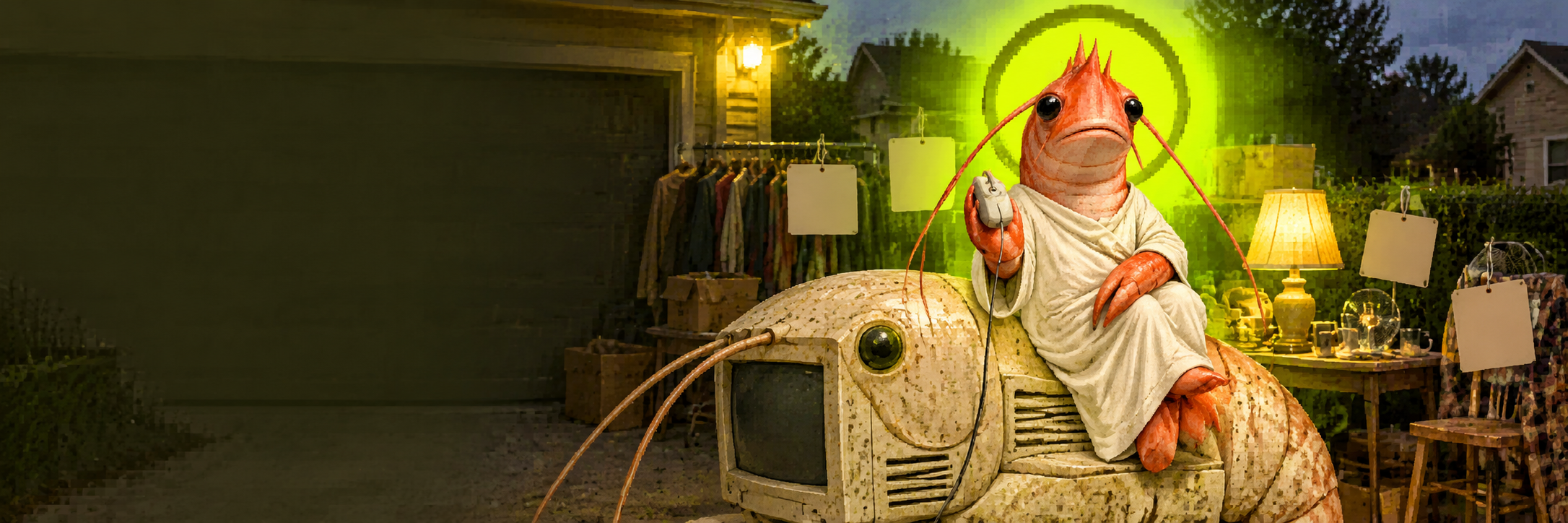 Shrimp Jesus riding a giant shrimp-shaped computer through a strange neighborhood marketplace
