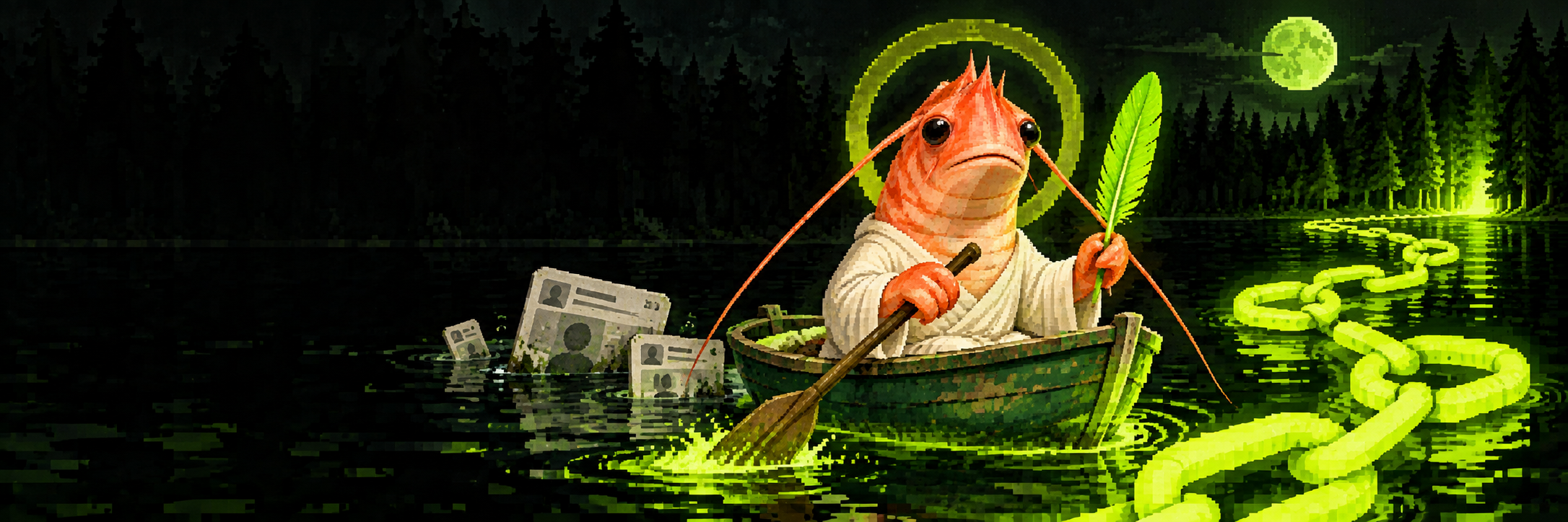 Shrimp Jesus crossing a luminous green river in a small boat